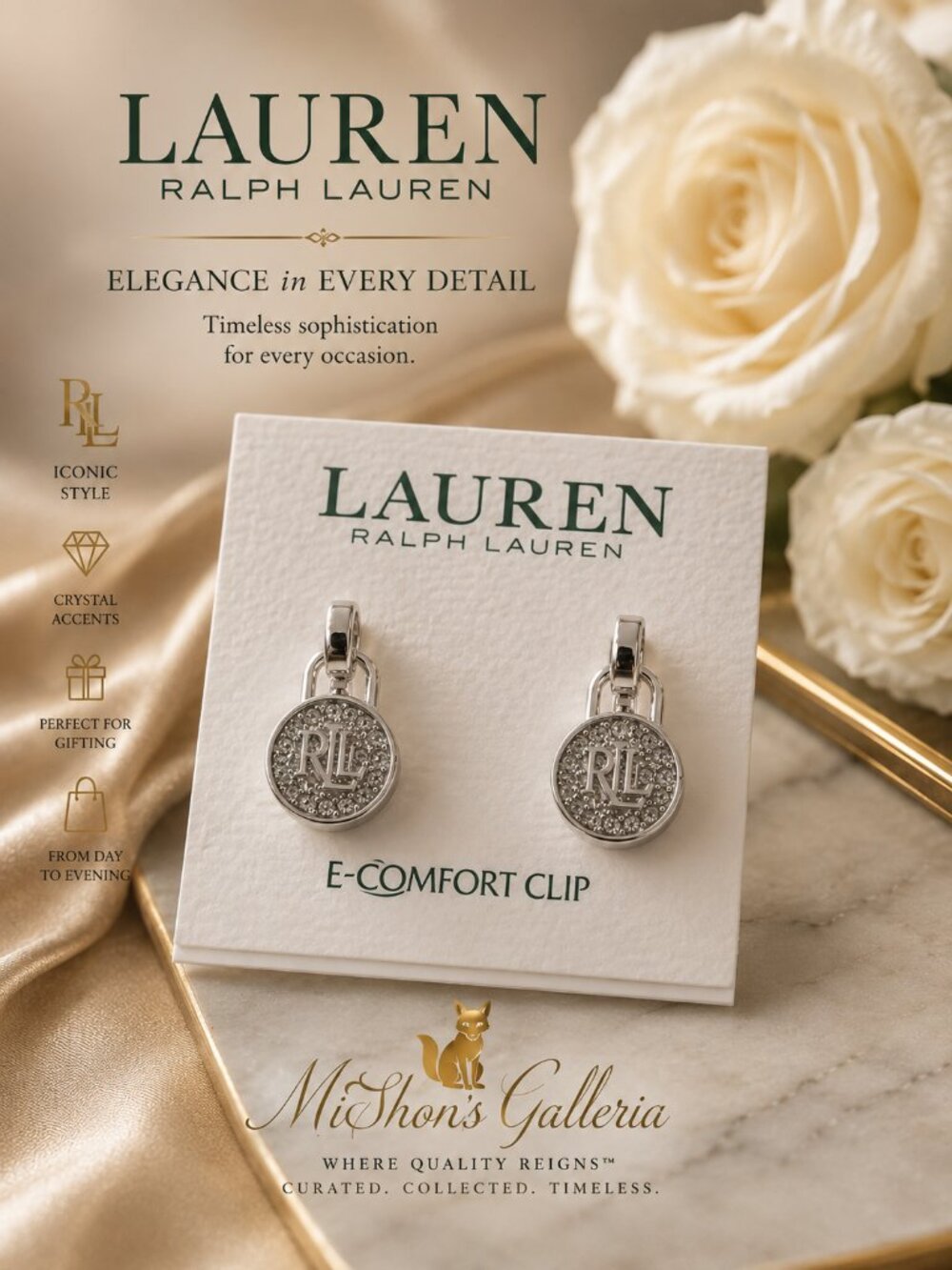 Lauren Ralph Lauren Crystal RL Logo Clip Earrings Silver Tone NWT